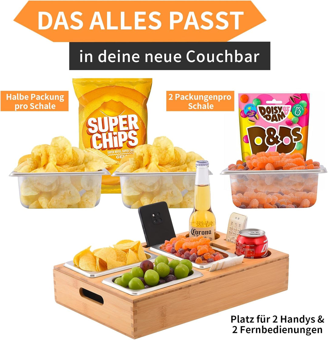Couchbar Snackbox, Snackspender mit 3X Snackschale, Bambus Sofatablett für Sofa, Deko, Couch Bar mit