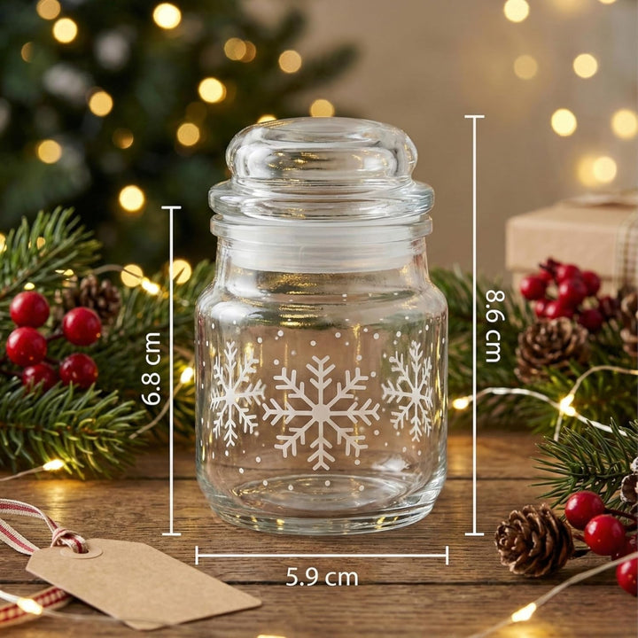 gouveo 12er Set Gläser 100 ml mit Glaskorken - Winter Schneeflocken Design - Vorratsgläser aus Klarg