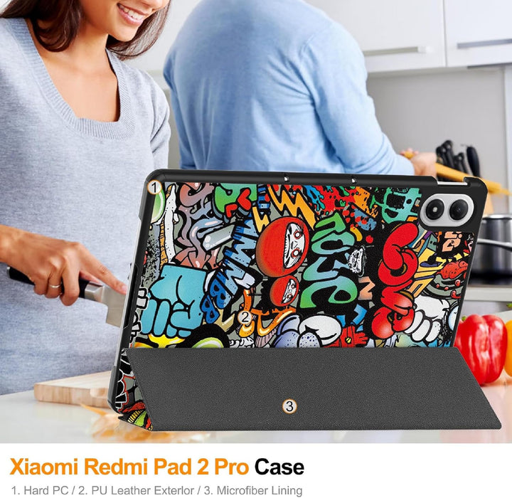 GIOPUEY Hülle Kompatibel mit Xiaomi Redmi Pad 2 Pro 12.1 2025, Flip Case [Bracket-Funktion] 360° Sch