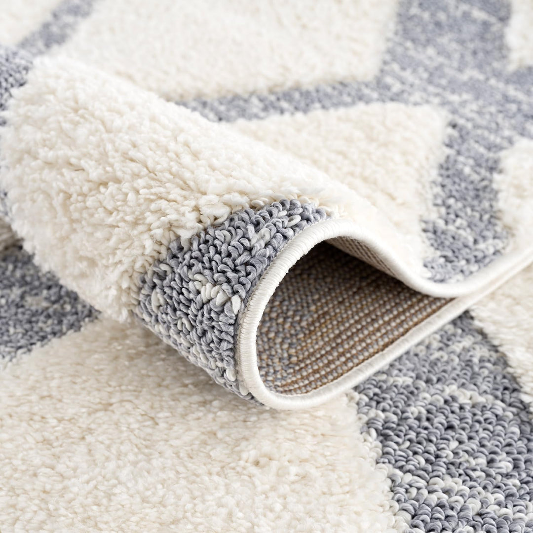 payé Teppich Wohnzimmer Hochflor - Boho - Skandinavisch - 80x150cm - Pastell Creme Grau - Raute Must