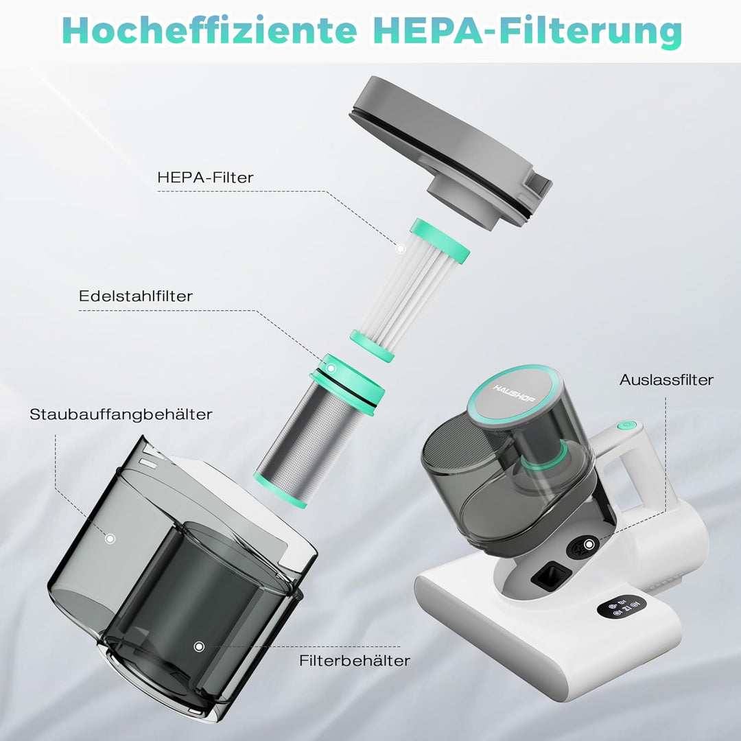 HAUSHOF Milbensauger für Matratzen 16 kPa mit UV Licht &amp; 60℃ Heissluft, Matratzenreiniger 400W mit D