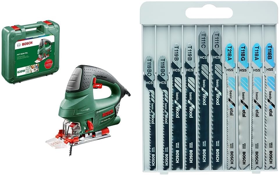 Bosch-Stichsäge PST 9500, 620 Watt elektrische PEL + Bosch Professional 10tlg. Stichsägeblatt Set Ba
