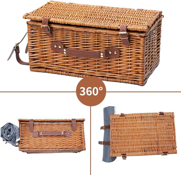 Picknickkorb-Set für 4 Personen, Weidenkorb Picknickkorb mit Isoliertem Kühlfach, Wasserdichter Deck