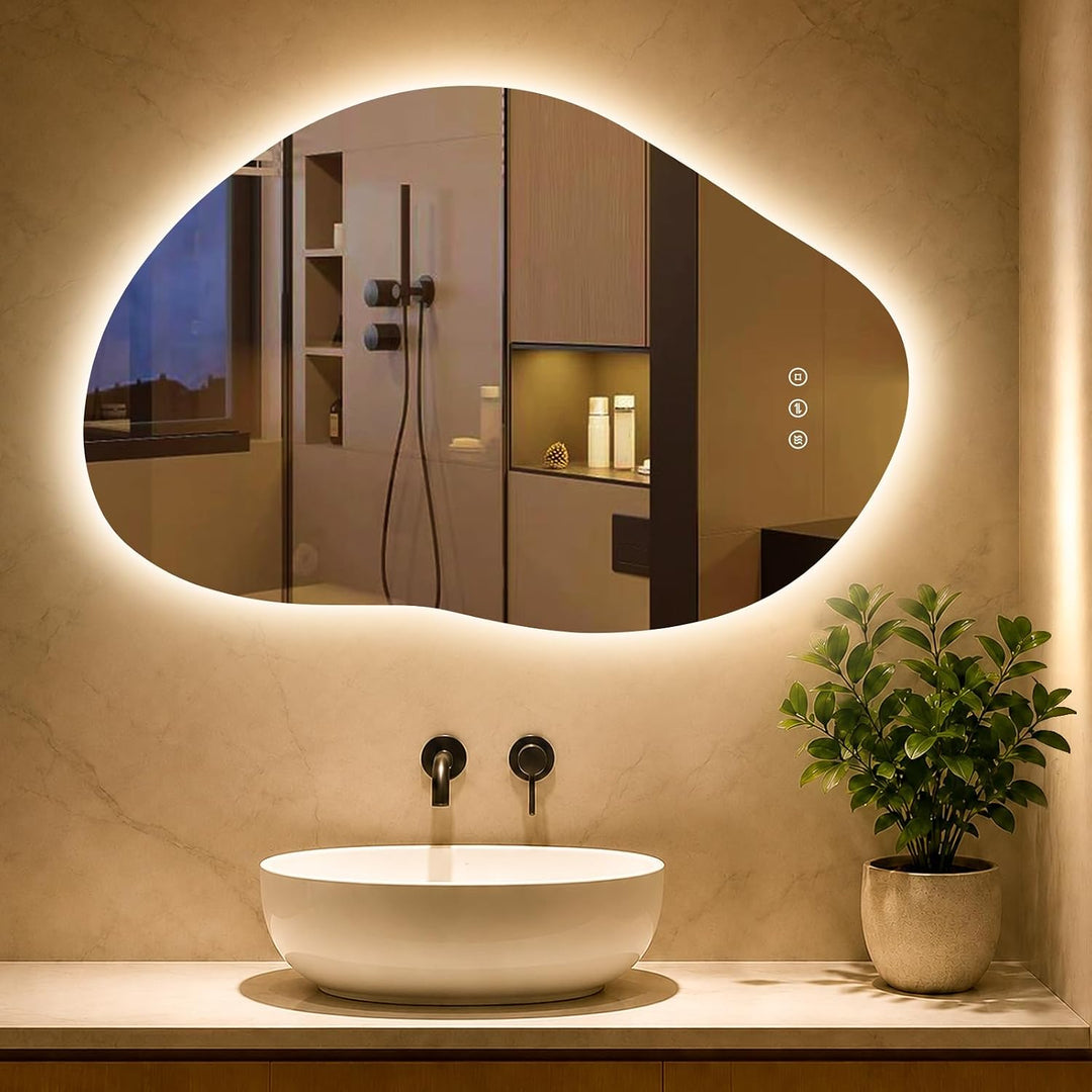 Spiegel mit Beleuchtung Asymmetrischer, LED Badspiegel mit Touch-Schalter, 3 Lichtfarbe, Dimmbar, Be