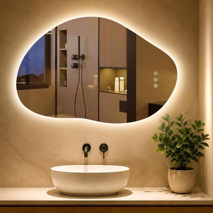 Spiegel mit Beleuchtung Asymmetrischer, LED Badspiegel mit Touch-Schalter, 3 Lichtfarbe, Dimmbar, Be