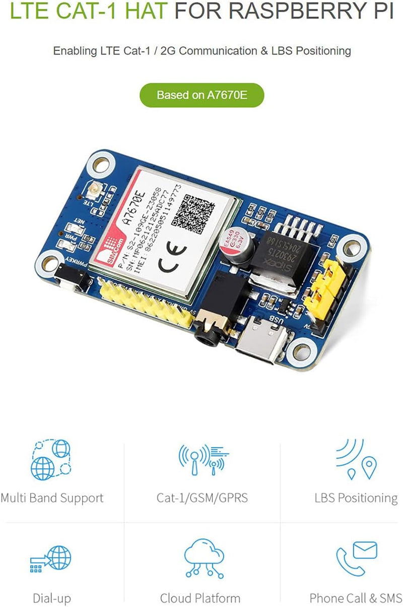 A7670E LTE Cat-1 HAT for Raspberry Pi, Multi Band Support, 2G GSM/GPRS, Enabling LTE Cat-1 / 2G Comm