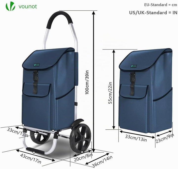 VOUNOT® Einkaufstrolley Klappbar aus Aluminium mit 58L Wasserdichter Tasche, 2 Extra grosse Räder mi