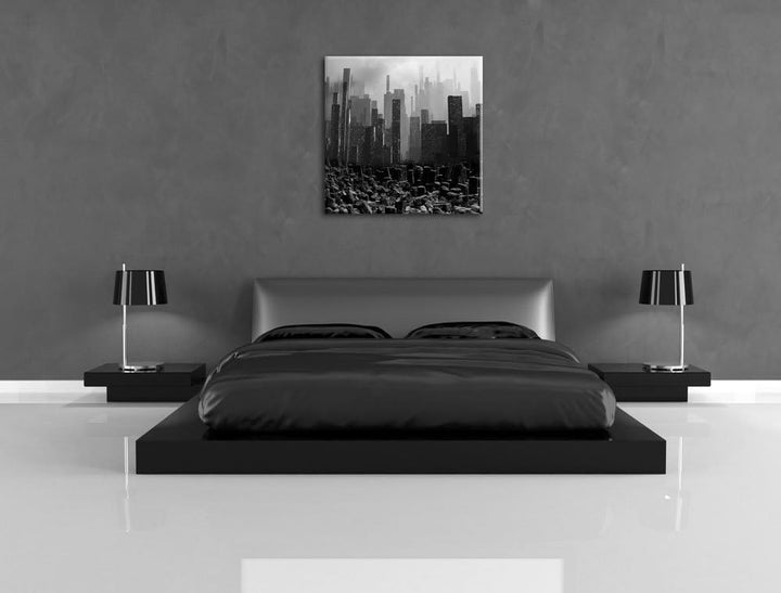 Stadt in Trümmern, Format: 70x70 auf Leinwand, XXL riesige Bilder fertig gerahmt mit Keilrahmen, Kun