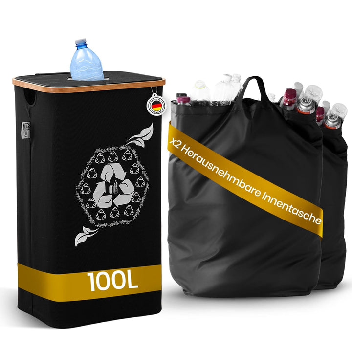 100L Pfandflaschen Sammelbehälter (Schwarz) mit Einwurf & 2 Tragetaschen, Leergut Flaschensammler fü