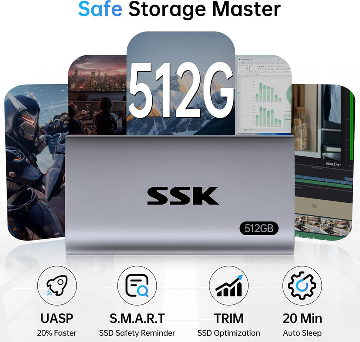 SSK 512GB Externe SSD Festplatte, Portable SSD bis zu 550 MB/s Schnelle External SSD USB 3.2 Gen2 US
