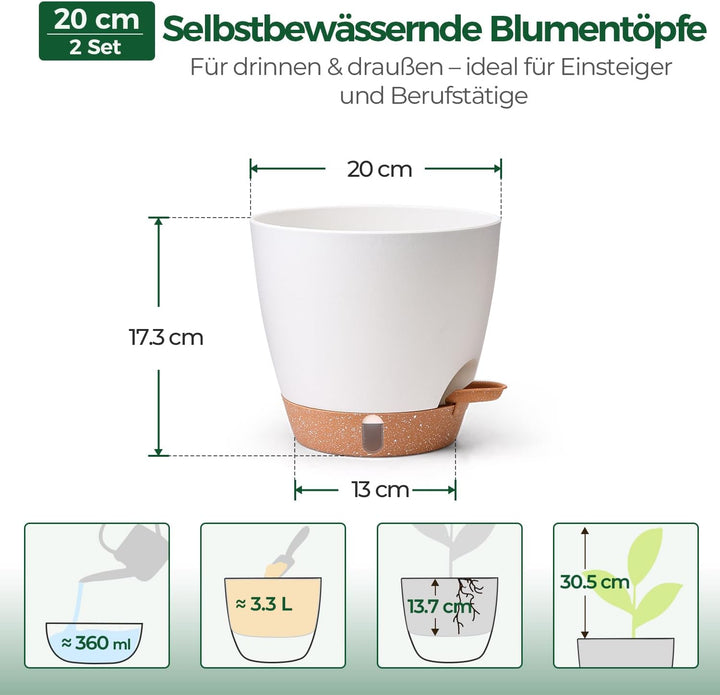 T4U 2er Set Automatische Bewässerung Übertopf 20 cm Durchmesser, Kräutertopf Küche, Kräutertöpfe – g