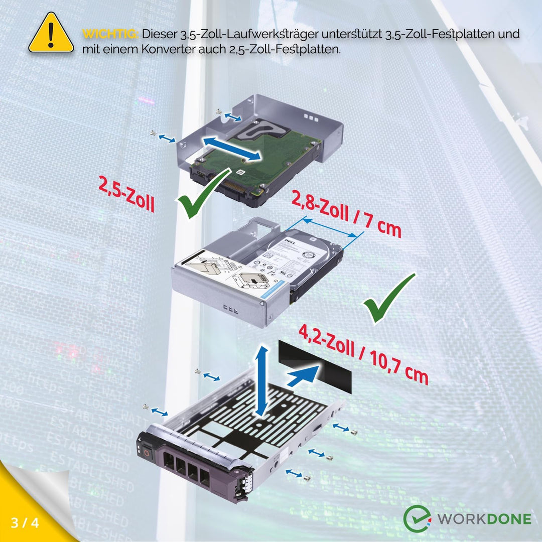 WorkDone 3er-Pack - 3,5-Zoll Festplatten-Caddy mit 2,5-Zoll Festplattenadapter - kompatibel für Dell