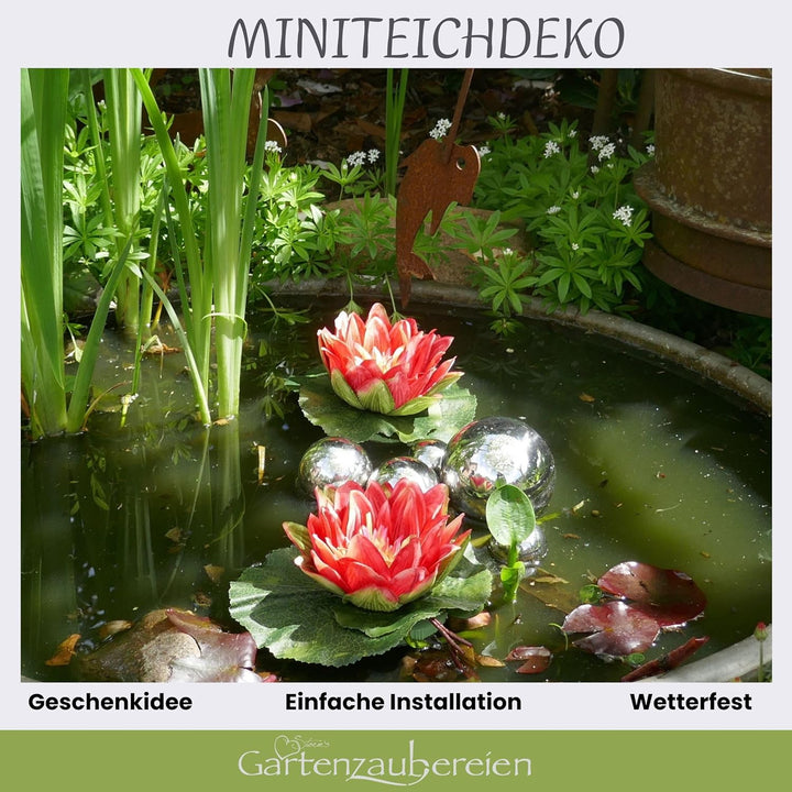 Miniteich Komplettset mit 2 künstlichen Seerosen rot Schwimmkugeln - Teichkugeln in Silber für Teich