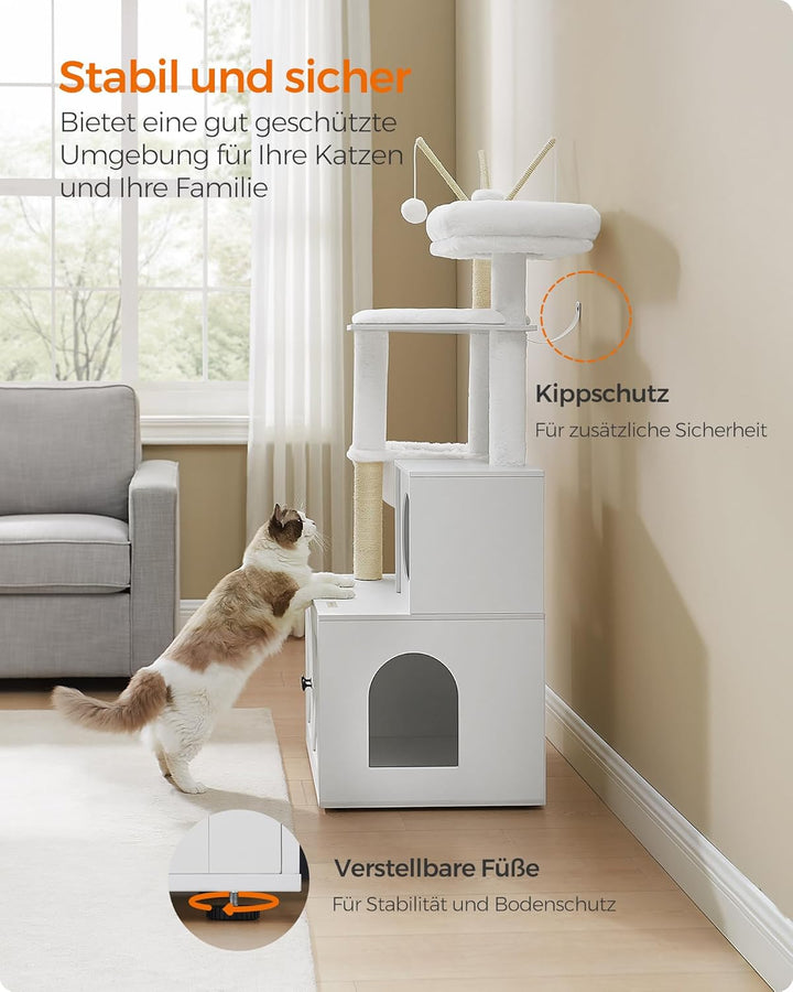 Feandrea Kratzbaum mit Katzenklo-Schrank, 150 cm hoch, 2-in-1 Katzenbaum, Schrank für Katzentoilette
