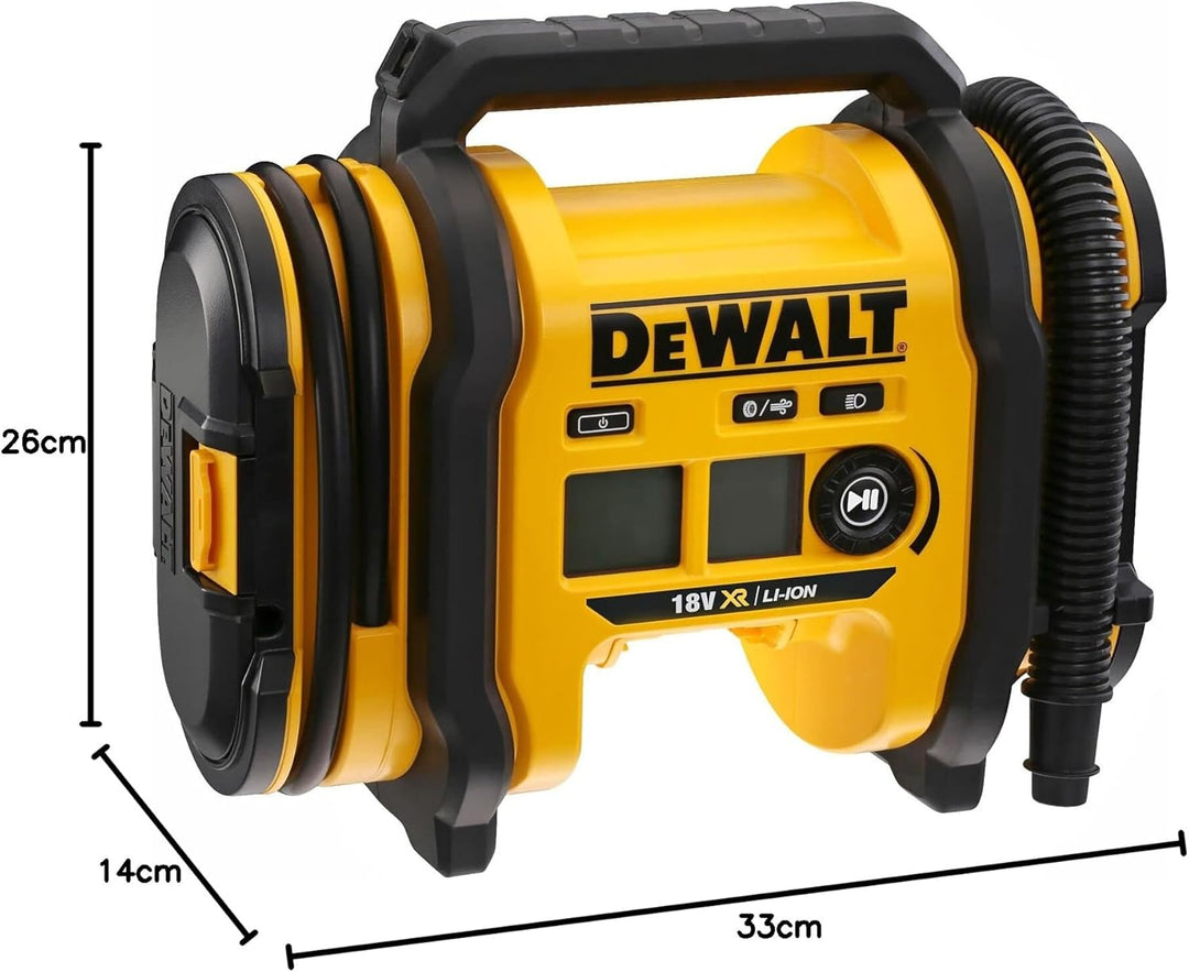 Dewalt Akku-Kompakt-Kompressor (12V-Anschluss oder 18V Akku, 11 bar, für Fahrrad- und Autoreifen, Ro
