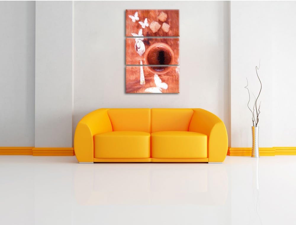 Pixxprint Kaffeetasse mit Schmetterlingen Bunstift Effekt 3-Teiler Leinwandbild 120x80 Bild auf Lein