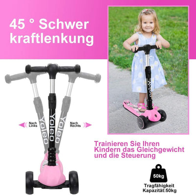 YOLEO Kinderoller Kinderscooter Dreiradscooter mit LED Räder, 2-Rädern Hinterbremsen,4 Höhenverstell