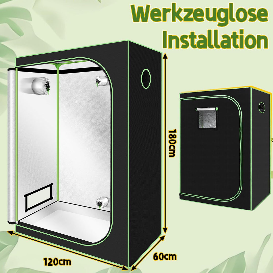 Grow Tent Growzelt 120x60x180cm, Lichtdicht und Wasserdicht Growschrank mit Beobachtungsfenster, Luf