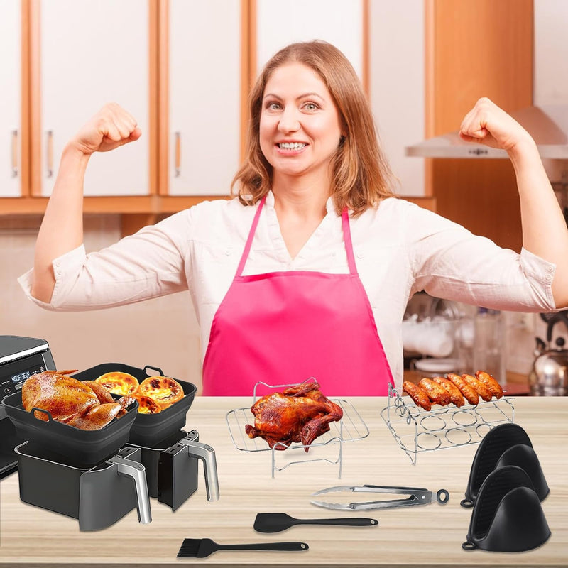 Air Fryer Liner Zubehör Silikon Dual Zone Faltbar 8 Stück inkl. Gestell, Handschuhe, Spatel, Bürste