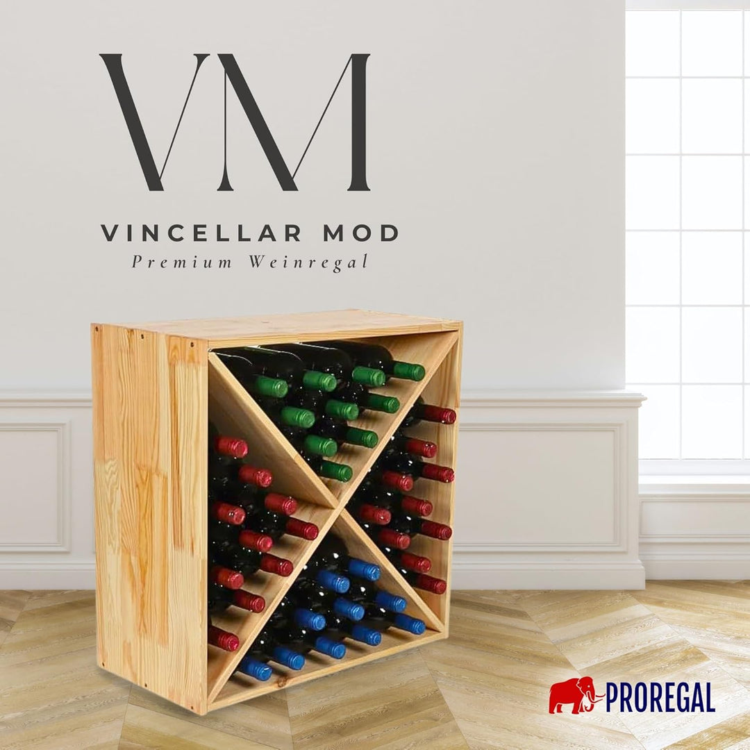 PROREGAL Modulares Weinregal VINCELLAR MOD | HxBxT 60x60x30cm | Kreuz Modul für 40 Flaschen | Massiv