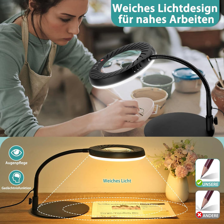 10X Lupe mit Licht und Ständer, 5 Farbmodi Dimmbar, Flexible Schwanenhals LED Schreibtischlampe Händ