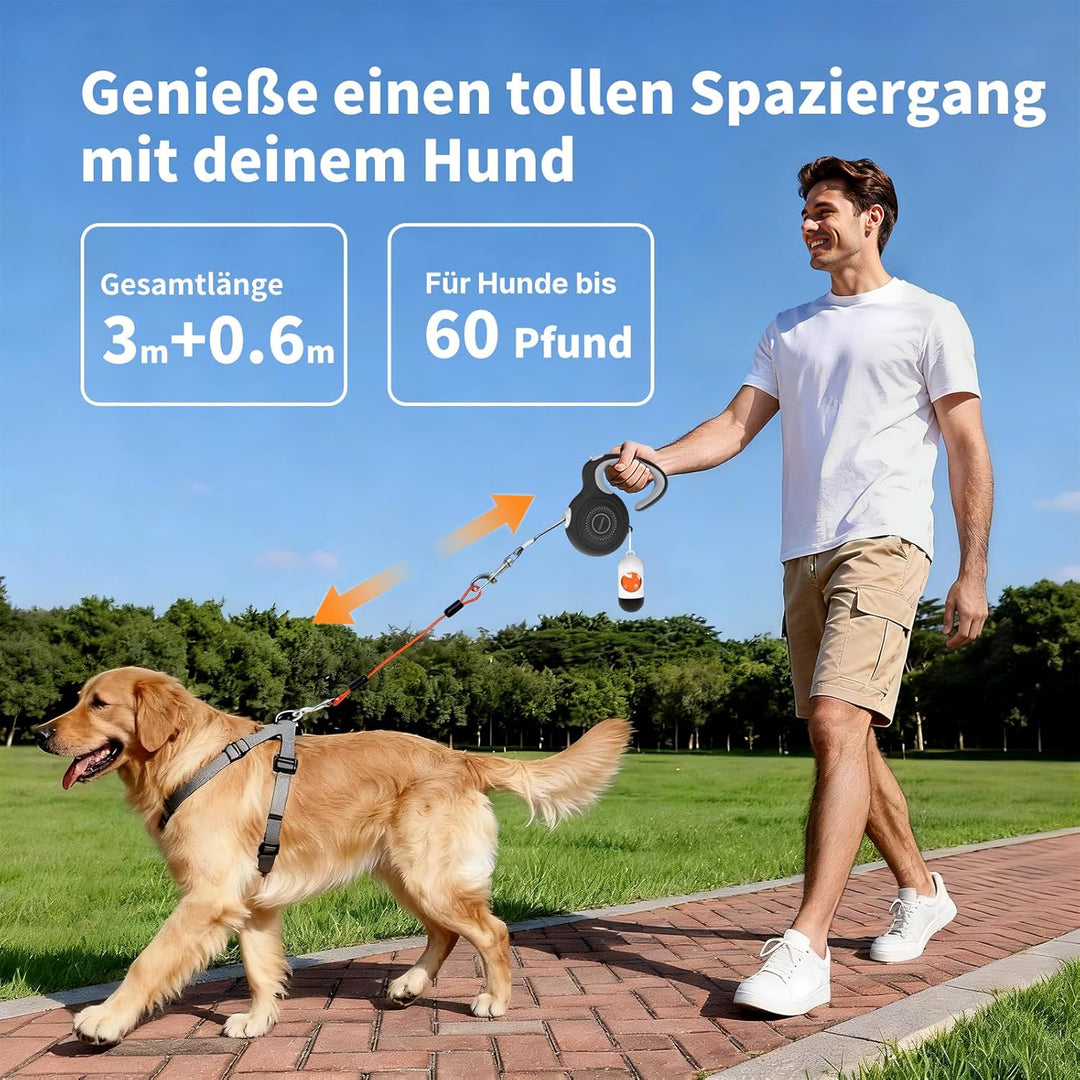 Ausziehbare Hundeleine 10ft, Automatik-Verriegelung, bissfestes Stahlkabel, 360° antiverwirrend, sto