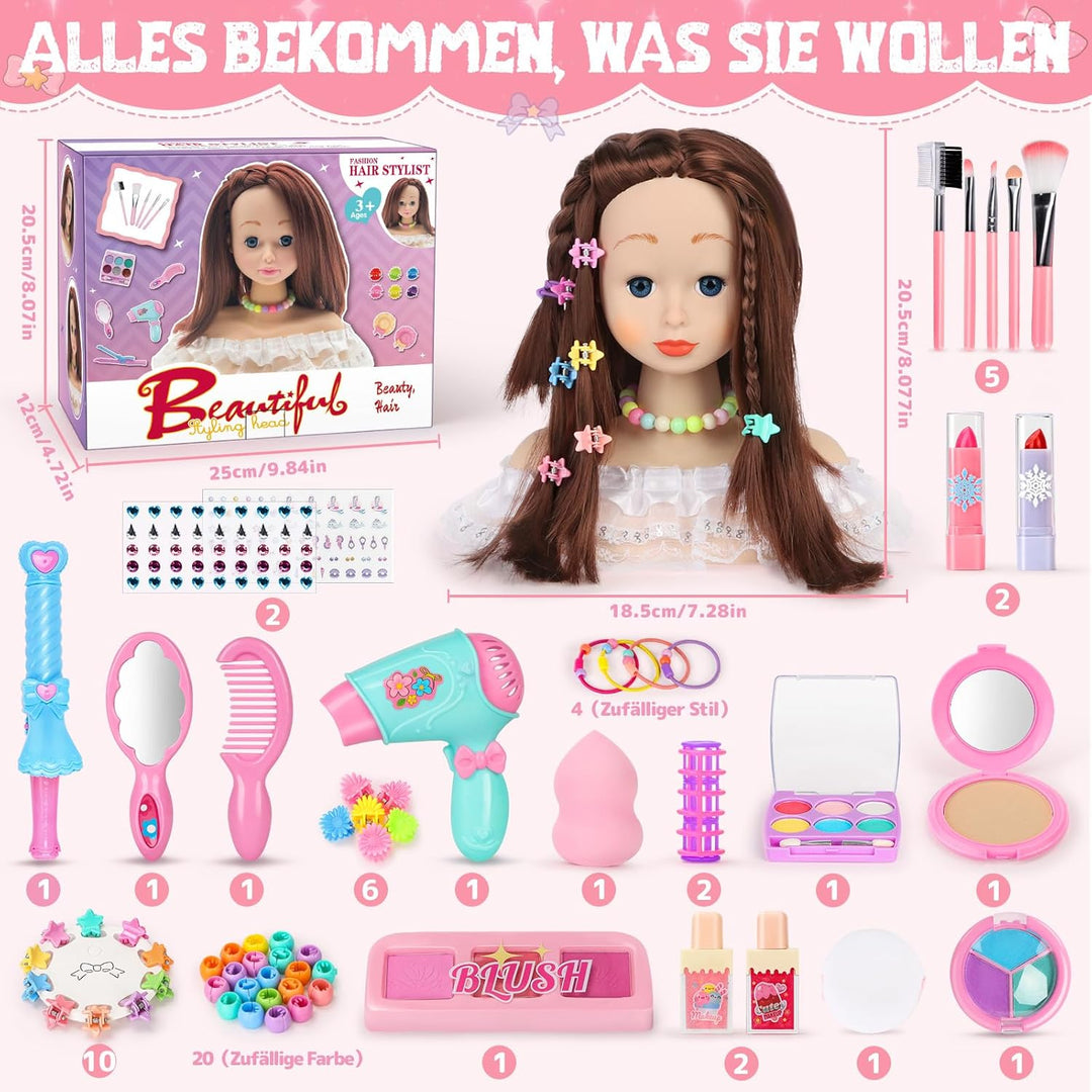 Frisierkopf Kinder Set, 66 Stück Schminkkopf für Mädchen Waschbar, Puppenkopf Zum Frisieren Kinder m
