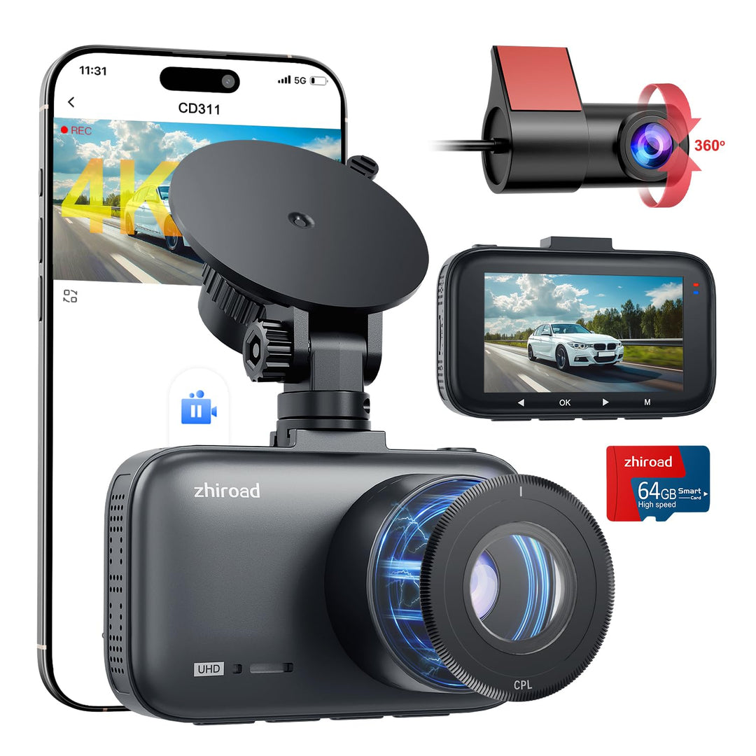 Dashcam Auto Vorne Hinten mit CPL Filter, 4K+1080P WiFi AutoKamera mit 64G SD Karte, 3" IPS-Bildschi