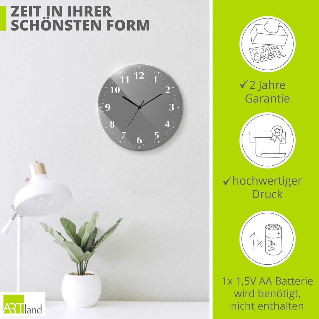 ARTLAND Wanddeko Wanduhr ohne Tickgeräusche aus Glas Quarzuhr Ø 30 cm Rund Lautlos Trendfarbe Grau S