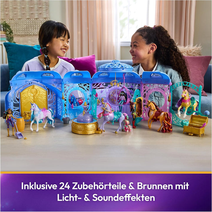 Unicorn Academy – Stall 90 cm, Original Spielset zur Netflix Serie, inklusive Einhorn, Lichtwechsel-