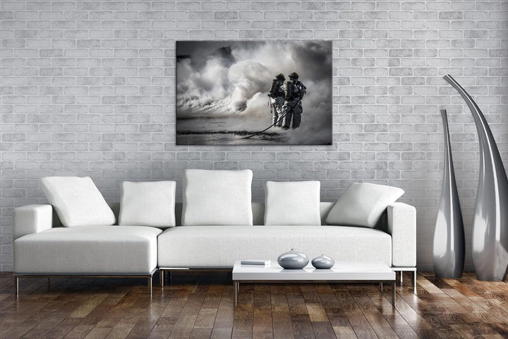 Helden des Feuers - Die Feuerwehr Format:90x60 cm als Leinwandbild, Motiv fertig gerahmt auf Echthol