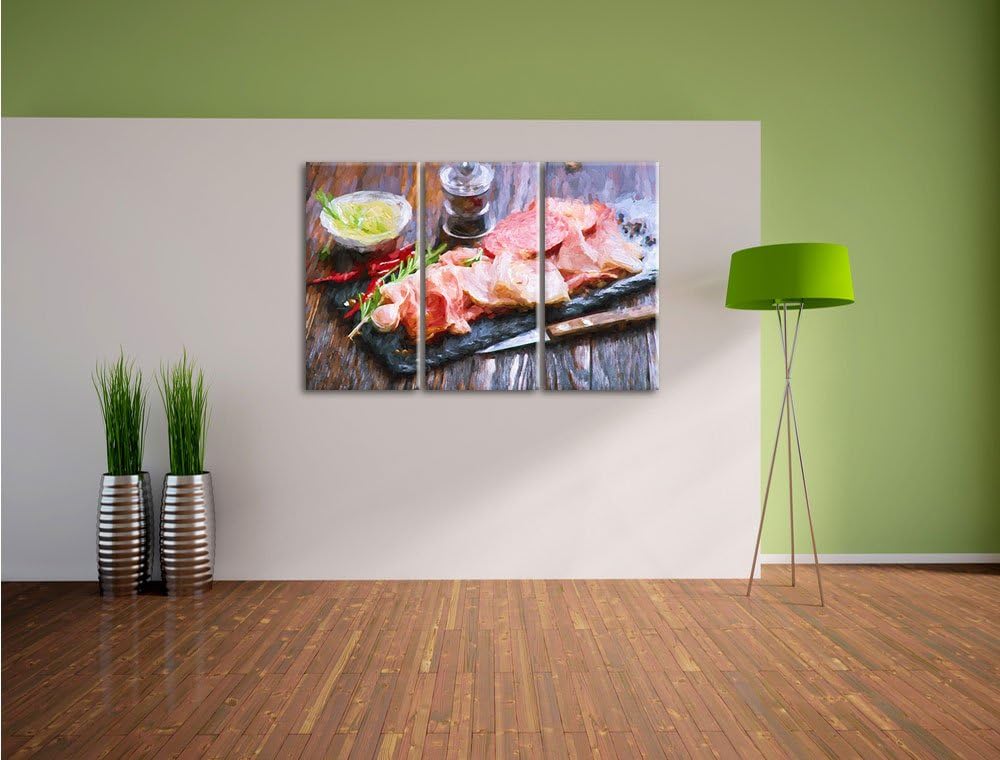 Pixxprint Antipasti verschiedener Wurstsorten Kunst Pinsel Effekt 3-Teiler Leinwandbild 120x80 Bild