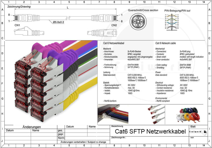 Netzwerkkabel Cat.6 5m magenta - 5 x Ethernetkabel Lankabel Cat6 Lan Netzwerk Kabel Sftp Pimf Patchk
