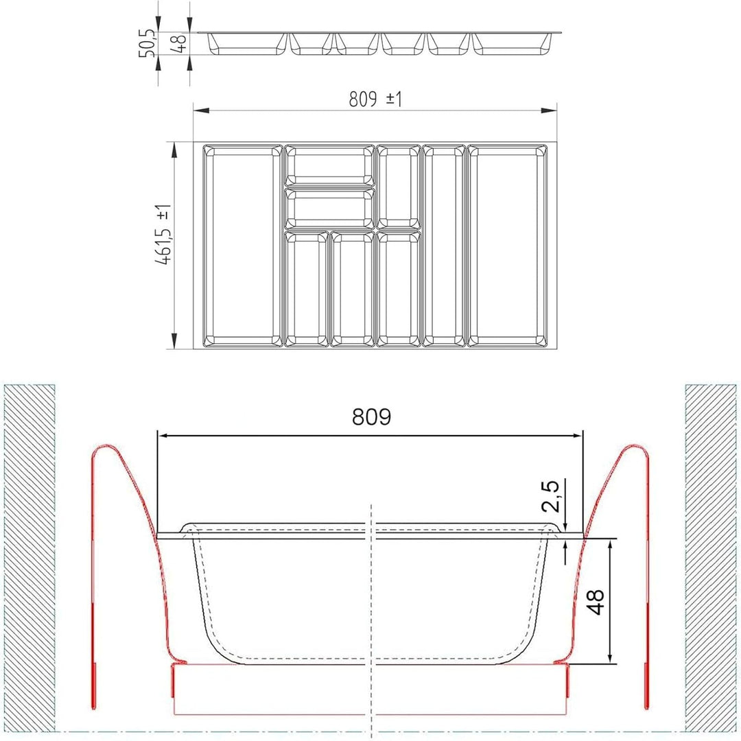 ORGA-BOX 2 Besteckeinsatz Tiefe: 461 x Breite: 809 mm anthrazit mit Canvas Struktur für 90er Nobilia