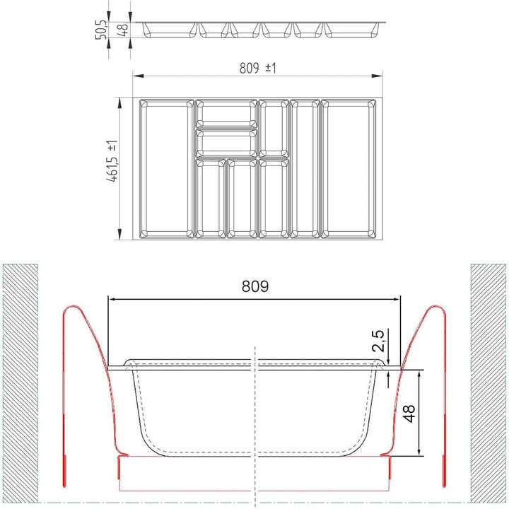 ORGA-BOX 2 Besteckeinsatz Tiefe: 461 x Breite: 809 mm anthrazit mit Canvas Struktur für 90er Nobilia