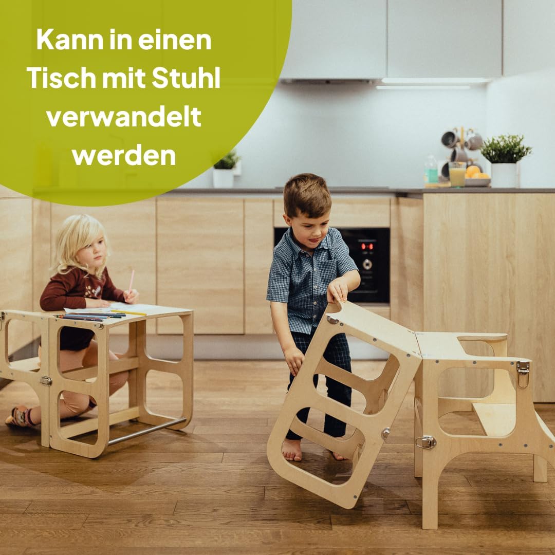 Klappbarer Lernturm mit Sitzfunktion, 45 cm Stehhöhe, Step’n’Sit, Lernturm mit Sitz und Tisch umklap