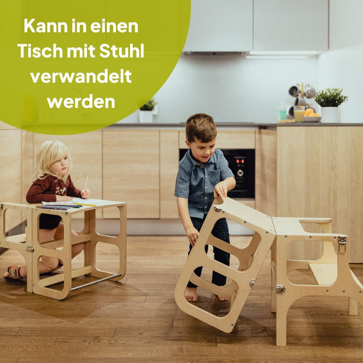 Klappbarer Lernturm mit Sitzfunktion, 45 cm Stehhöhe, Step’n’Sit, Lernturm mit Sitz und Tisch umklap
