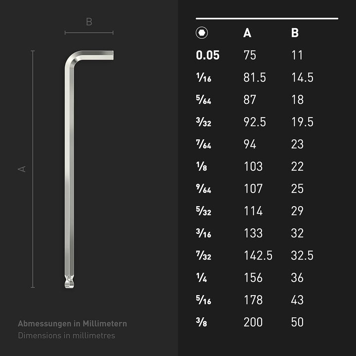 INBUS® 70426 Winkelschraubendreher Set (Zoll) 13tlg, 0.05–3/8", mit Kugelkopf — Made in Germany