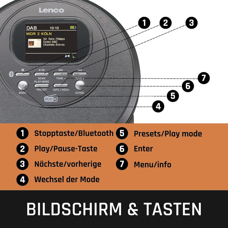 Lenco CD-500 Tragbarer CD-Player - Diskman - Bluetooth Walkman - DAB+ Radio - Anti-shock - Hörbuchfu