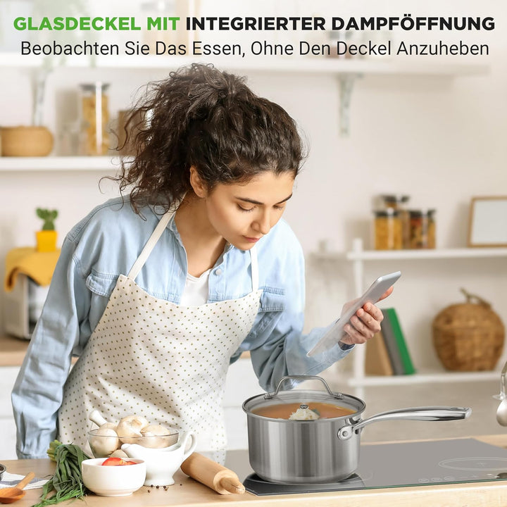 NutriChef Stielkasserolle, 16cm/2L, Antihaftbeschichtet mit Glasdeckel, für Induktion, Alle Herdarte
