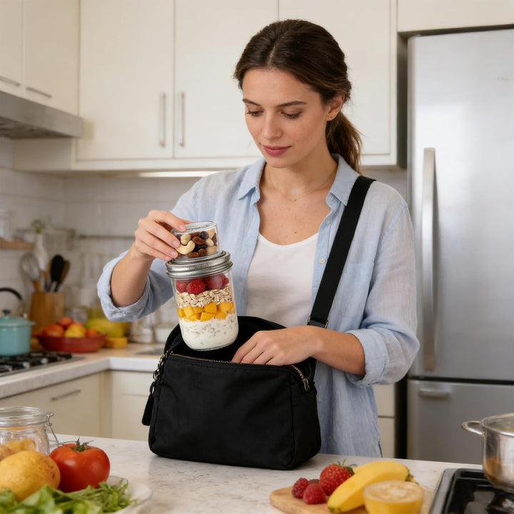 APACALI 4 Stück Müslibecher to go, 500ml+100ml Overnight Oats Gläser, Joghurtbecher to go mit Doppel