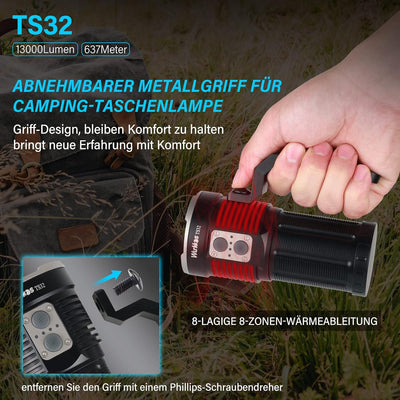 Wurkkos TS32 Taschenlampe USB C Wiederaufladbar, 15000 Lumen Taschenlampe mit leistungsstarken 12*Ni