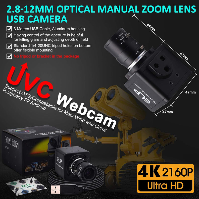 ELP 4K Optischem Zoom USB-Kamera,Ultra HD IMX317-Sensor-Webcam mit 2,8-12 mm Varifokalobjektiv,3840
