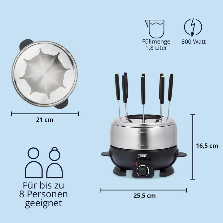 KHG Elektro-Fondue FO-800SE mit Edelstahl-Topf 1,8 L Silber für bis zu 8 Personen, variable Temperat