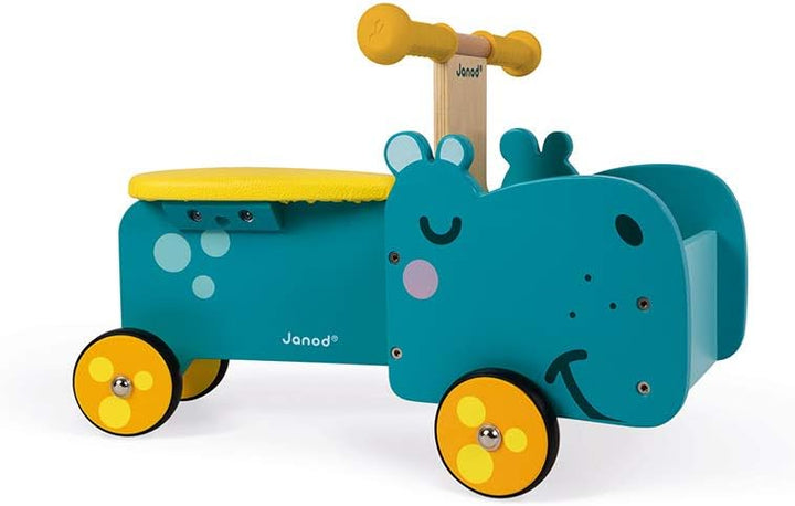 Janod - Hippopotamus Wooden Ride-On for Children - Ergonomic Handles and Silent Wheels - Storage Com
