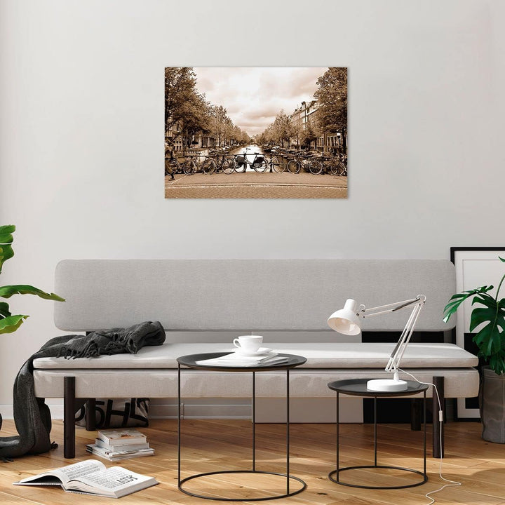 ARTTOR Bilder auf Glas Kanal Fahrräder Amsterdam Zentrum Glasbild 70x50cm Wandbilder Dekoration Wohn