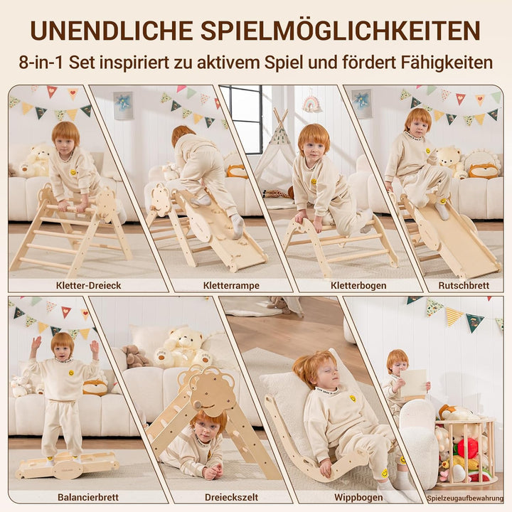 COSYLAND 8-in-1 Montessori Klettergerüst Indoor ab 1 Jahr – Kletterdreieck mit Rutsche, Kletterbogen
