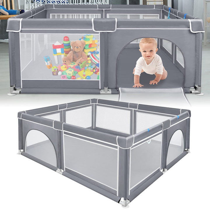 Baby Laufstall grosse grau Laufgitter Absperrgitter mit stabilem Saugnapf spielzaun transparent und
