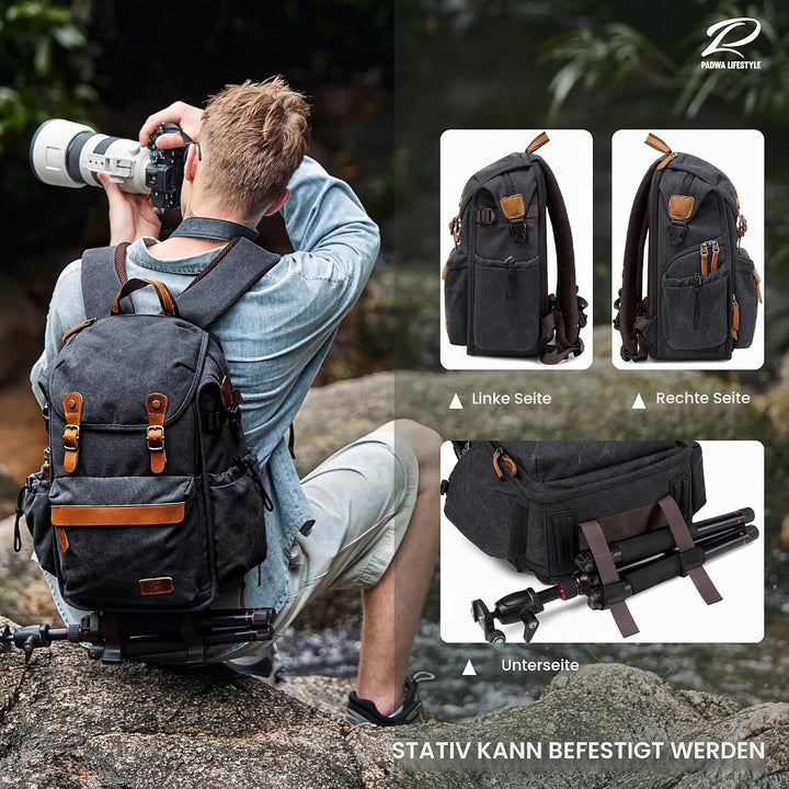 Padwa Lifestyle Kamerarucksack - Gewachstem Memory Canvas Kamerarucksack mit 16“ Laptop-/Objektivfac