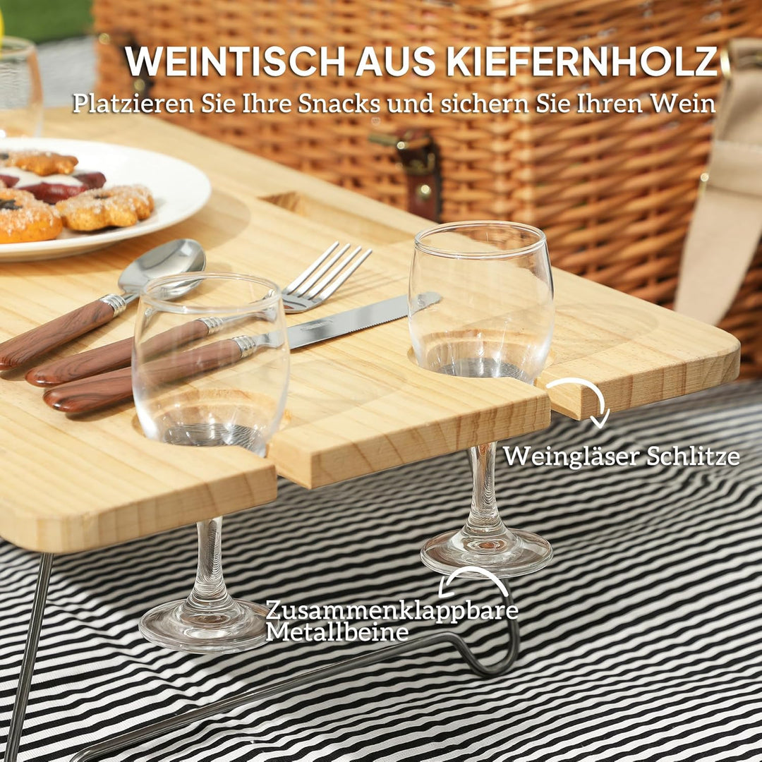 Outsunny Picknickkorb aus Weidenholz Picknickkoffer für 4 Personen mit Picknickdecke Besteck Set, Fl